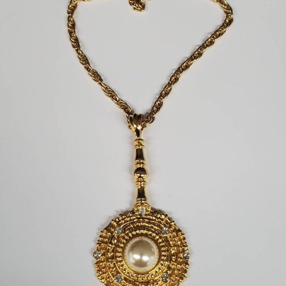 Vintage Statement Park Lane Faux Pearl Rhinestones Pendulum Pendant Necklace - Picture 3 of 10